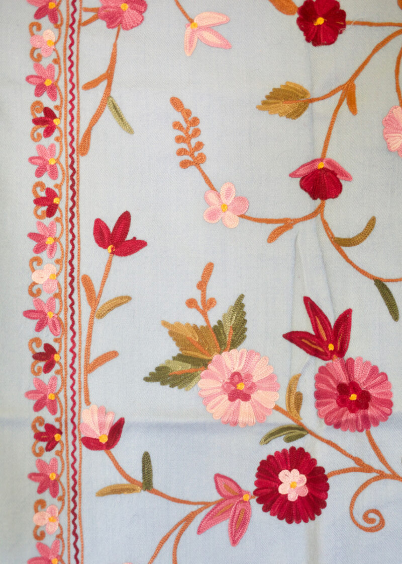 Hand-embroidered light blue floral bedspread
