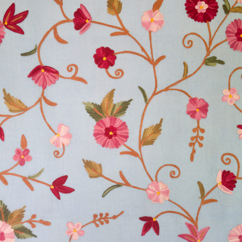 Hand-embroidered light blue floral bedspread