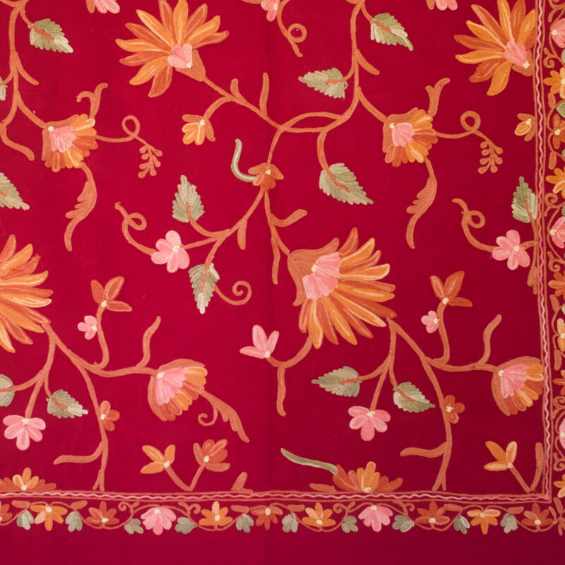 Hand-embroidered Red floral Bedspread