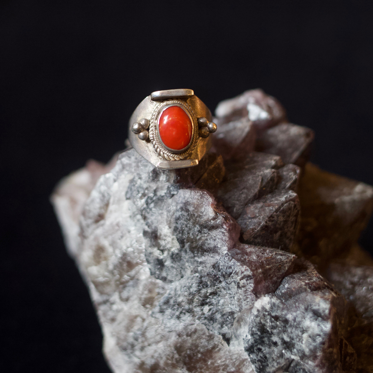 Vintage 18K Red Coral Ring With Swirling Diamond Halo – Acanthus Antiques
