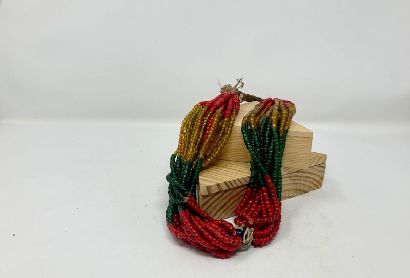 Red, green and yellow beaded necklace