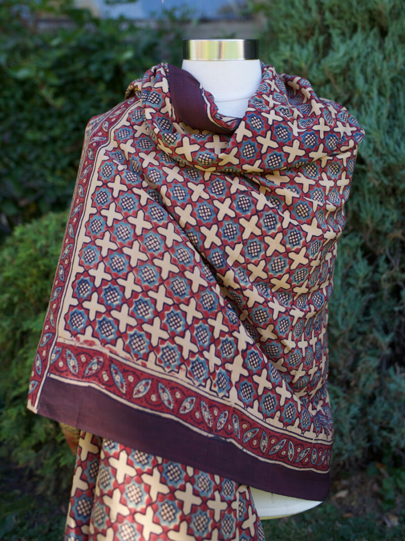 Red And Indigo Handmade Block Large Printed Scarf