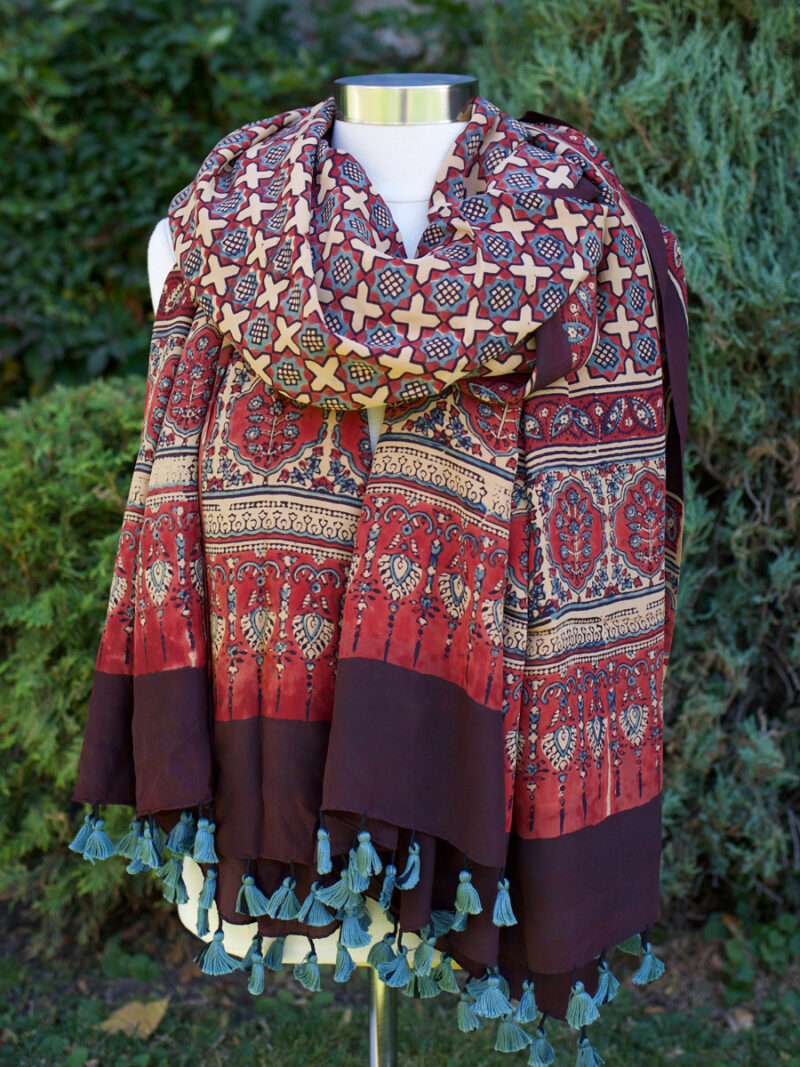 Red And Indigo Handmade Block Large Printed Scarf