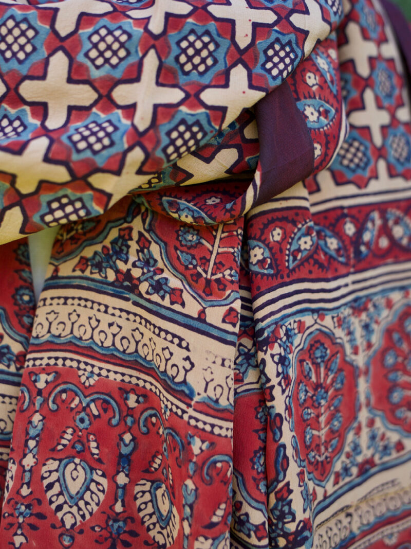Red And Indigo Handmade Block Large Printed Scarf
