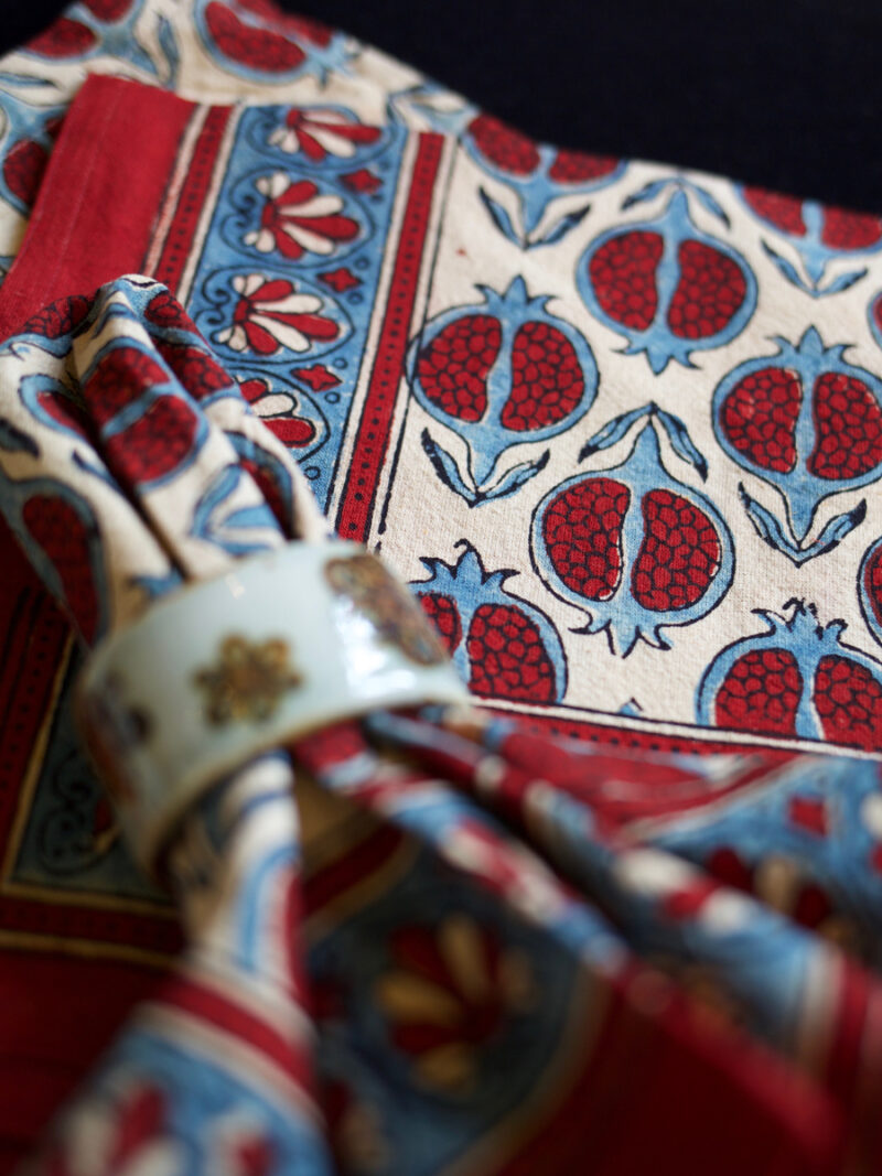 Handmade Block Printed blue and red fruit motif Tablecloth Set