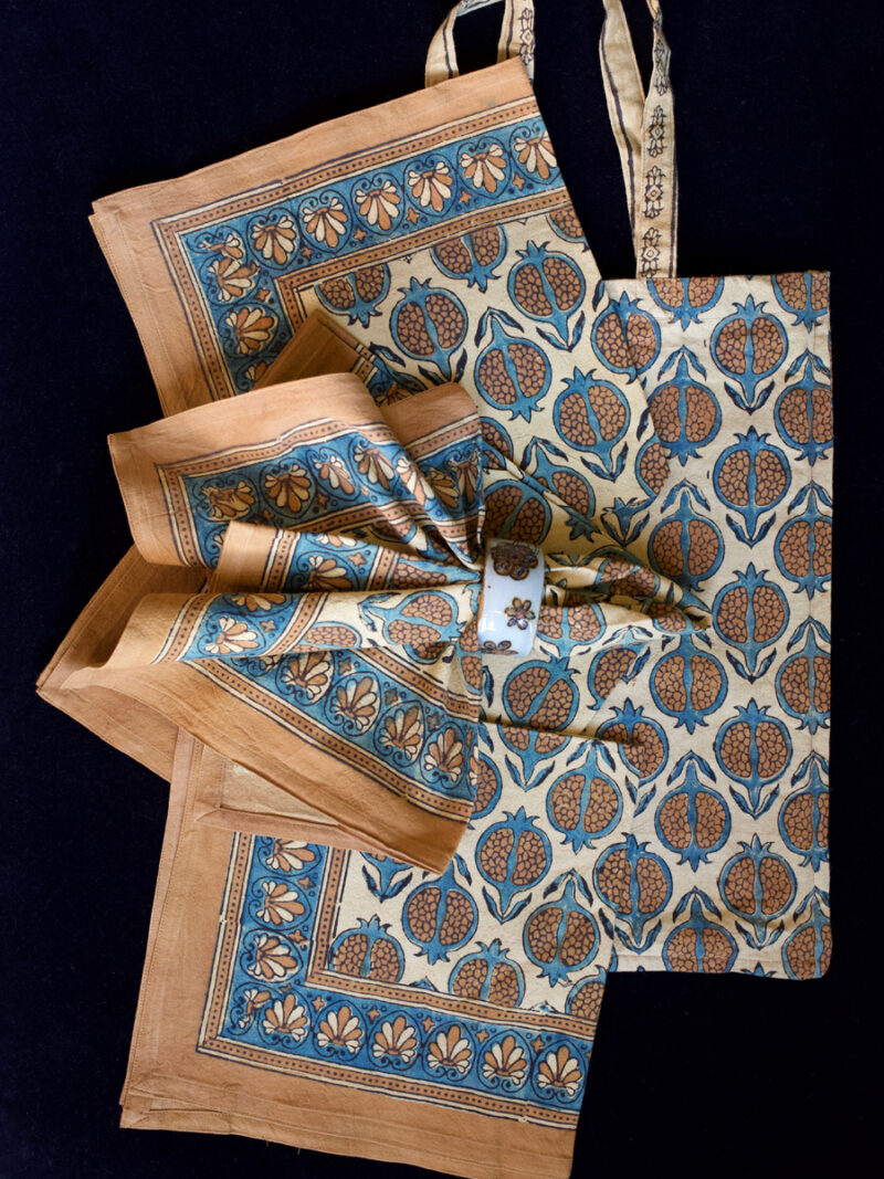Handmade Block Printed Blue Fruit Motif Tablecloth Set