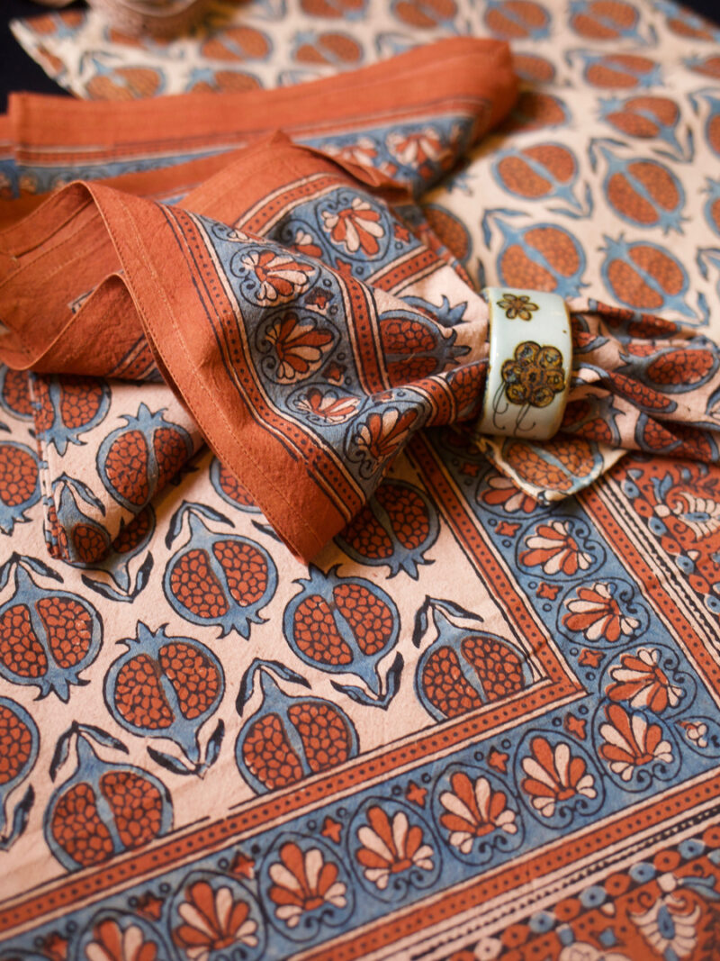 khatri41.1.jpg Handmade Block Printed Orange Blue Fruit Motif Tablecloth Set