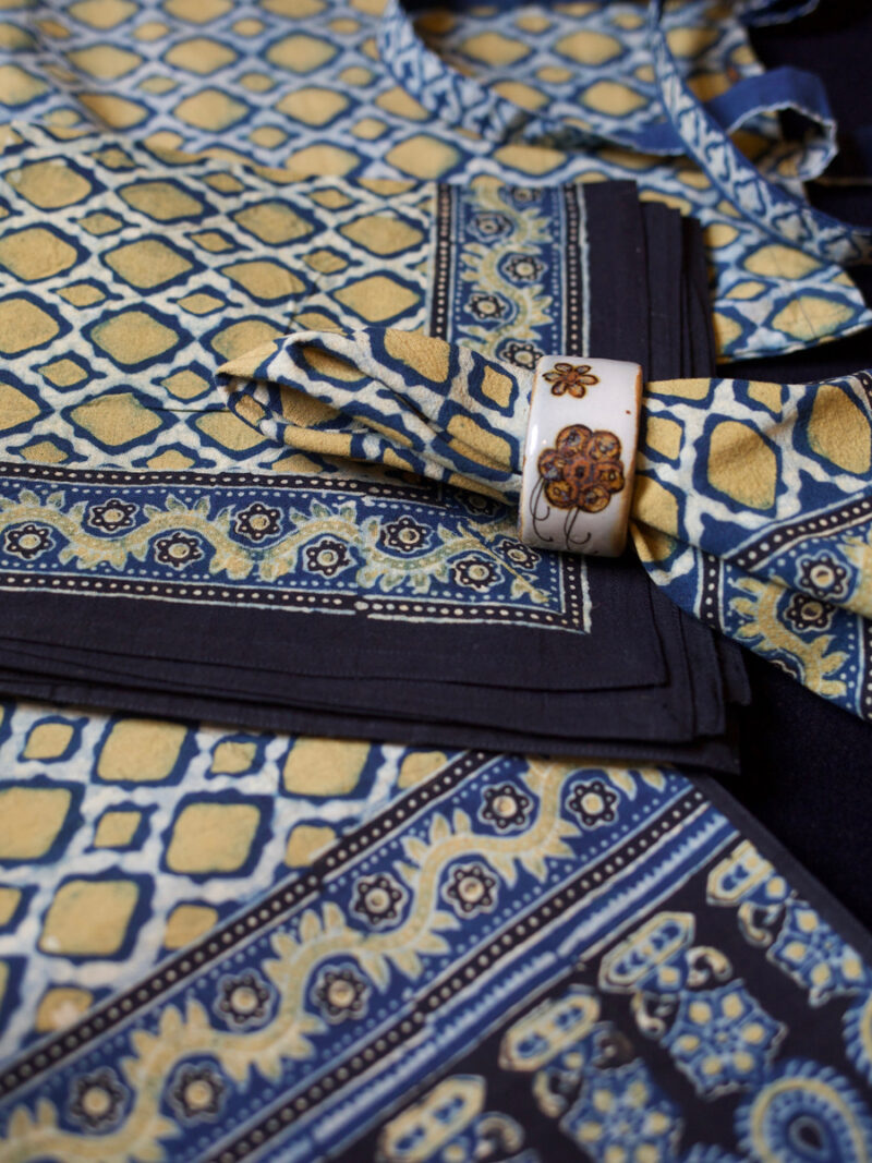 khatri42.1.jpg Handmade Block Printed Yellow And Blue Color Tablecloth Set