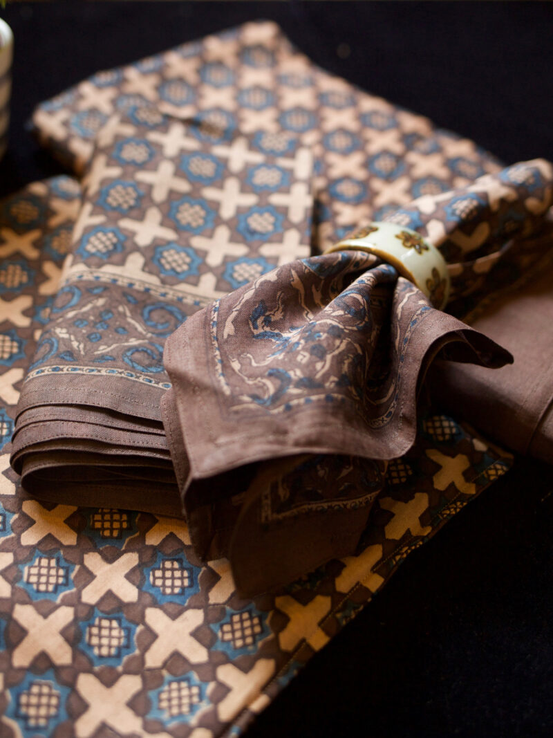 khatri43.1.jpg Handmade Block Printed Blue And Brown Tablecloth Set