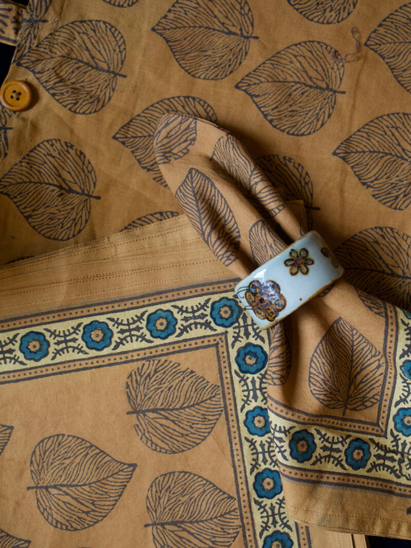 khatri44.1.jpg Handmade Block Printed Tan Leaf Motif Tablecloth Set