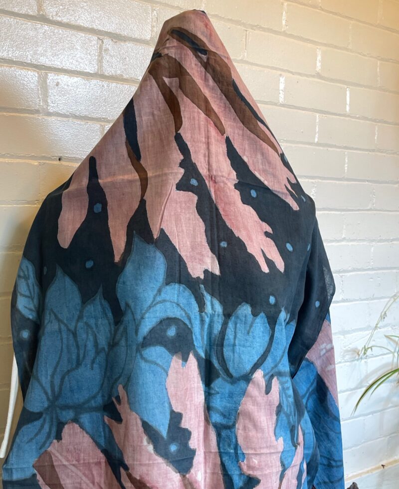 Hand Painted Indigo and Pink Floral Scarf